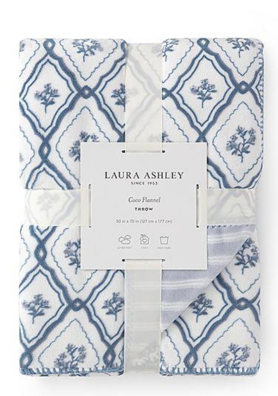 Laura Ashley Reversible Coco Flannel Throw Blanket Blue & White 50x70